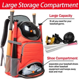 MERALIAN Baseball Backpack with Shoe Compartment,Lightweight Softball Bag for Baseball, T-Ball & Softball Equipment & Gear.(RED)