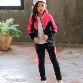 amropi Girls' Tracksuit, Sports Suit, Sweat Jacket + Jogging Bottoms, Clothing Set, Jogging Suit for 3-10 Years, red black, 6-7 years