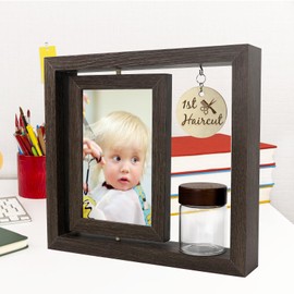 Custom My First Haircut Keepsake Frame - Rotatable Display of Before and After Haircut Photos with Glass Keepsake Jar for Baby Hair,Newborn Memory Gift for Boy or Girl,Holds Two 4x6 Pictures (brown1)