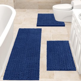 ACCUMTEK Upgrade Extra Large Blue Bathroom Rug Set 3 Pieces Ultra Soft, Thick Absorbent Bath Mats, Non Slip Chenille Toilet Mat for Bathroom, Bedroom, Kitchen