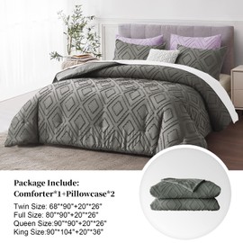 FROHAUL Boho King Comforter Set,Grey Rhombus Tufted King Size Comforter Set with Corner Loops,3 Pieces Embroidery Shabby Chic Bedding Comforter Sets for All Seasons(Grey,King)