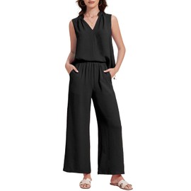 Roylamp 2025 Women'S Summer 2 Piece Outfits Sleeveless Ruffled V Neckline Tops High Waisted Pants Sets Matching Casual Beach Suits Black M
