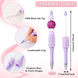 Beadthoven 5pcs Rose Flower Beadable Pens, Cute Pearl Beaded Pens DIY Plastic Bead Pen Bling Crystal Shaft Black Ink Ballpoint Pens for DIY Pens Decorations Student Gift Office School Supplies - Lilac