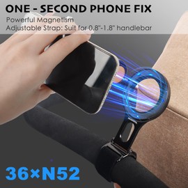 Magnetic Phone Holder for Stroller Bar, Compatible with MagSafe (Strong Magnet) - 180° Adjustable for Gym, Home Fitness Bikes, Shopping Cart, with Adjustable Strap, All Phone (Magnetic Ring Included)