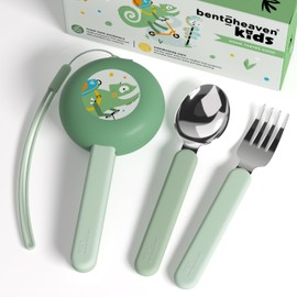 Bentoheaven - Utensilios de viaje para niños con funda, acero inoxidable de grado alimenticio y plástico sin BPA, juego de cubiertos de viaje para niñ
