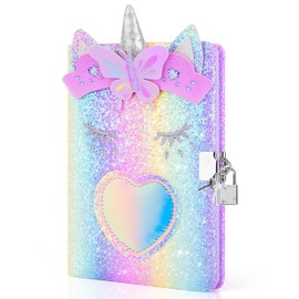 homicozy Unicorn Diary with Lock,Gift for 6 7 8 Year Old Girl,Glitter Seceret Journal for Kids with 160 Pages,Shiny Notebook for Writing and Drawing,Cute Stationery Back to School Gift