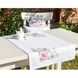 Luca-S FM009 Peonies Cross Stitch Kit Table Runner Cotton, Multicoloured, 75 x 46 cm