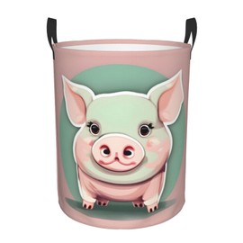 Cute Long Ear Pig Print Circular Protable Storage Bin Organizer Round Basket For Laundry Hamper With Handles