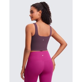 CRZ YOGA Butterluxe Womens Square Neck Longline Sports Bra - Workout Crop Tank Tops Padded Yoga Camisole with Built in Pads Grape Thistle Purple Medium