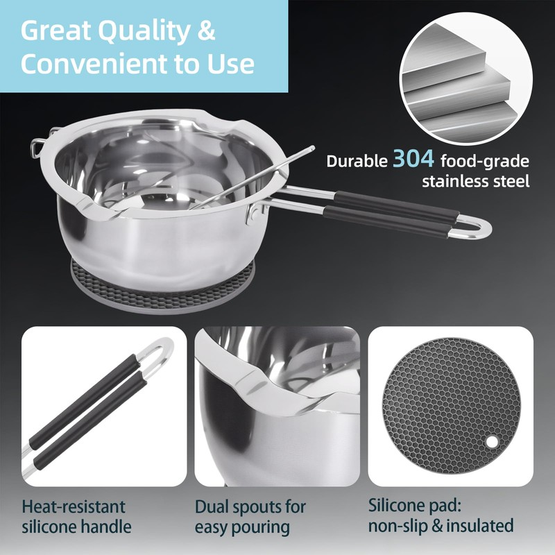 Hehinton Professional Double Boiler Pot 1200ML/40.6OZ, 304 Stainless Steel Chocolate