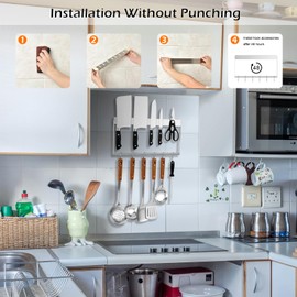 ShinHonex Magnetic knife holder，Magnetic tool holder for wall 16”, Two-tier design，Magnetic knife strips with 6 hooks，No-drill tool storage rack for kitchen knives and other tools