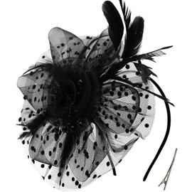 LATRAT Mesh Headwear, Vintage Feather Bowler Hat with Mesh Flower Heart Hairpiece for Women Girls, black