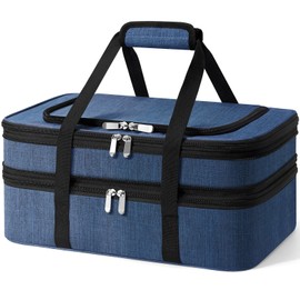 MIAOJIE Insulated Double Casserole Carrier - Portable Casserole Carriers for Hot or Cold Food Lunch Tote Warmer or Cooler Bag for Potluck Parties Picnic Cookouts, Fits 9" x 13" Baking Dish - Navy Blue