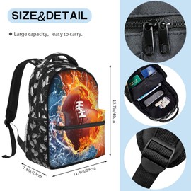 Football Backpack for Boys & Girls Water Fire Football Backpack for Kids School Bag Lightweight Waterproof Adjustable Bookbag for Children Teens Gamer Travel Daypack