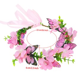 PENTA ANGEL Butterfly & Flower Crown Adjustable Fairy Floral Headband Garland Wreath Headpiece Accessories with Ribbon for Women Adults Bridal Wedding Summer Holiday Vacation Photo Props (Pink, 22cm)
