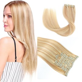 18'' Double Weft Clip in Hair Extensions Real Human Hair Full Head 8PCS 100g Silky Straight -100% Remy Human Hair Highlighted Color Clip in Human Hair Extensions(18 Inch 100g, #18/613)