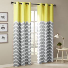 Intelligent Design Yellow in Grey Chevron Printed Curtains for Living Room or Bedroom, Modern Contemporary Grommet Room Darkening Curtains, 42x84, 2-panel pack