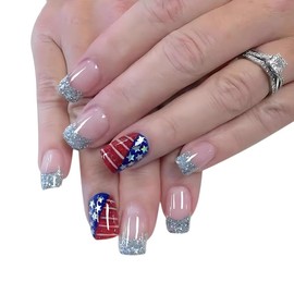 ONPRESS 24Pcs 4th of July Press on Nails Sort Square Independent Day Fake Nails Silver Glitter French Tip Acrylic False Nails with American Flag Design Star Red Full Cover Glue on Nails for Women