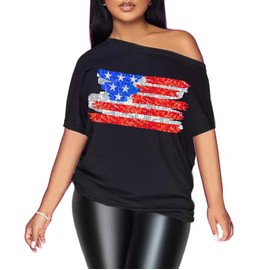 July 4th Womens Patriotic Shirt Off The Shoulder Tops Memorial Day American Flag Tops, Black+ Sequin American Flag, X-Large