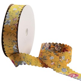 CABODYALS 18M 25mm Floral Print Ribbon Vintage Flower Pattern Wired Ribbon Gold Spring Polyester Wavy Edge Fabric Ribbons Bulk with Spool for Sewing Making Wreath Christmas Craft Wedding Supply