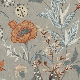 Kt KILOtela - Decorative Fabric Half Panama Digital Print Organic Cotton Lightweight Covers Cushions Tablecloths Curtains Curtains 100cm Length x 280cm Width Botany Ladybird Orange Green - 1 Metre