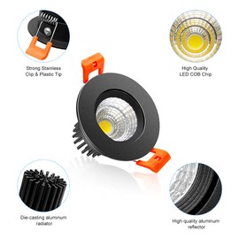 2Inch LED Recessed Ceiling Light, 3W Dimmable LED Downlight, 60 Beam Angle COB Recessed Lights with Driver, Daylight White 5000K-5500K, 25W Halogen Bulbs Equivalent for Ceiling Lighting, Black 1Pack