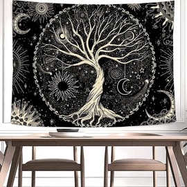 Arawat Tapestry Tree of Life Wall Towel Black White Tapestry Moon Sun Wall Decoration Psychedelic Rug Gothic Tapestry Trippy Tapestry Wall Towel Wall Hanging Wall Decoration (150 x 130 cm)
