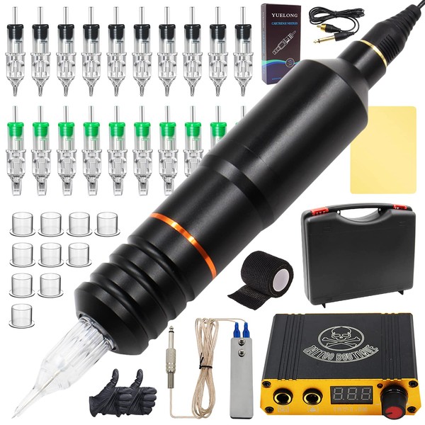 Tattoo Pen Kit - Yuelong Rotary Tattoo Pen Machine Kit Tattoo Pen Power Supply 20 Mixed Cartridges Needles Foot Pedal Clip Cord Power Cable Practice Skin Ink Caps Grips Tape Tattoo Supplies