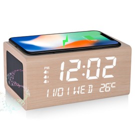 Alarm Clock, Bluetooth 5.0 Speaker, Wood Grain Style, Wireless Charging, Multi-functional Clock, Qi, Smartphone, Wireless Charger, Thermometer, Digital Clock, Temperature / Date / Week Display, 3