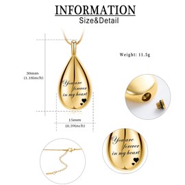 QGJNSGC Urn Pendant Necklace Teardrop Cremation Jewelry for Ashes Memorial Keepsake for Women Jewelry Funeral Ashes Holder Collarbone Necklace You are forever in my heart (Gold)