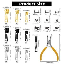 108 Pieces Zip Repair Kit HXC Zipper Repair Kit Metal Replacement Zipper Pulls with Zipper Pliers Universal Zipper Repairer for Repair Jeans Coats Jacket Zipper(3 Sizes: #3/5/8)