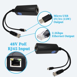 REVODATA 2.5G Micro USB PoE Splitter 5V/3A, PoE to Micro USB 5V/3A 15W Output, 2.5Gbps Ethernet Comply IEEE802.3af/at, Plug and Play for Smart Home