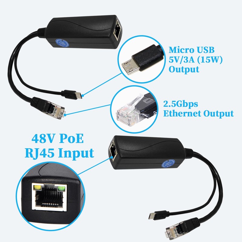 REVODATA 2.5G Micro USB PoE Splitter 5V/3A, PoE to Micro