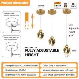 IDEQUY 1-Light Gold Pendant Light Fixtures,Mini Crystal Chandelier for Entyway Bedroom Dimmable Pendant Light Kitchen Island 5W