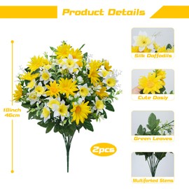 Minnhua Artificial Daffodils Flowers 14 Stems Mixed Dasiy Bouquet Narcissus Silk Daffodils Faux Spring Flowers for Flower Arrangement Indoor Outdoor Home Cemetery Decor（Yellow, White，2pcs）