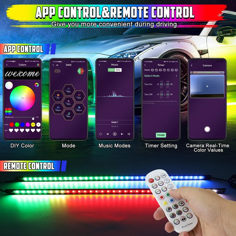 OPPBUY 8PCS Led Underglow Light for Car,Dream Color Chasing Underglow