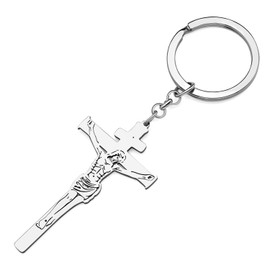 LONYOO Stainless Steel Jesus Cross Keychain Madonna Keyring Easter Gifts for Women Girls Purse Virgin Mary Charms (Silver Plated Cross)