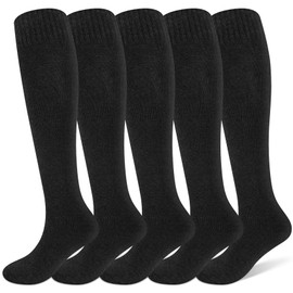 Tialfas 5 Pairs of Women's Knee Socks, Warm Women's Knee Stockings, Cotton, Soft Touch Knee High Socks, Black, Comfortable for Hiking, Outdoor, Everyday and Cold Winter, black, L