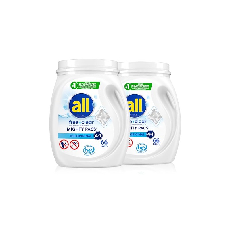 all Unit Dose Laundry Detergent, Mighty Pacs, Free Clear, 132