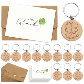 BOOMTOP 12 Key Rings Lucky Charm Wooden Clover Good Luck Gifts New Year's Eve Lucky Clover Small Lucky Charm Christmas Wedding Christening Party Gifts Farewell Gift Colleague, wood-coloured