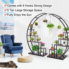 Homdox 5 Tier Indoor Plant Stand, Metal Plant Stand Flower Stand of Half Moon Shape, Ladder Flower Pot Stand Rack w/ Hanging Loop Multi-Purpose, for Home Decor Patio Garden Balcony Holder (2 Pack)