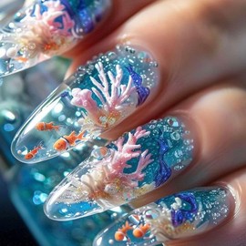 Mkwntg 24Pcs Blue Press on Nails Medium Almond Fake Nails with Seabed Coral Koi Fish Design Blue Ombre Pointed Acrylic False Nails Summer Hawaii Full Cover Artificial Glue on Nails for Women Decor