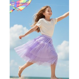 Girls Tulle Skirts Flowy Ruffle Mesh Elastic Waist Midi Tutu Skirt Purple, 6-7Y