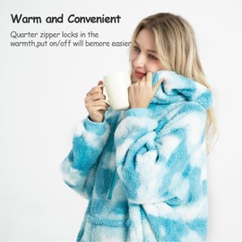 Winthome Lengthen Oversized Blanket Hoodie for Women Men Adult, Sherpa Fleece Wearable Blanket with Zipper, Gift for Family Friends (Blue Clouds, Adult size)