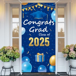 Congrats Grad Class of 2025 Banner Backdrop Blue Theme Graduation Door Decor for University High School Pre-k Student Graduation Party Celebration Decoration Supplies 35.4x72.8in-BECKTEN