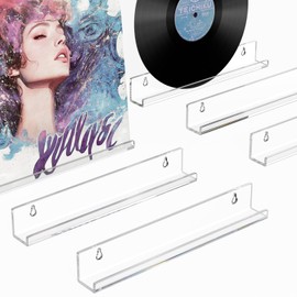 AITEE Vinyl Record Shelf Wall Mount: 6 Pack Acrylic Clear Floating Vnyl Shelves for Album LP Storage & Display, Easy Install Vinyl Record Wall for Home Office