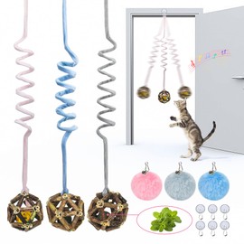 Omawrf Hanging Retractable Catnip Cat Spring Toys,Fluffy Ball Cat Toys with Bell,6 Pack Hanging Interactive Teaser for Indoor Kittens,Promotes Exercise, Chase & Play, Kitten-Safe Bouncy Fun (Ball)