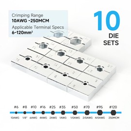 ZUVER Hydraulic Crimping Tool 12 Ton With Gloves, Easy Popout Latch Head Design 10 Pairs of US Standard Chromed Hexagonal Dies (10AWG, 1/8”, 8AWG, 6AWG, 4AWG, 2AWG, 1/0AWG, 2/0AWG, 4/0AWG, 250MCM)