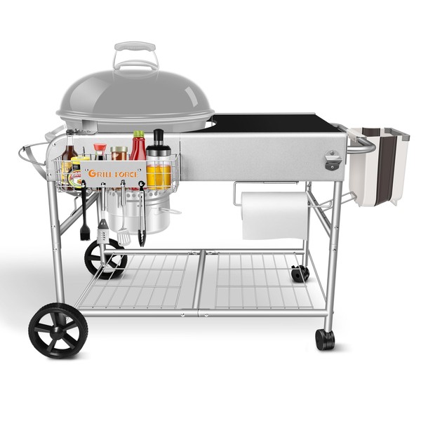 GRILL FORCE Grill Table,Kettle Grill Cart,Grill Stand Cart,Outdoor Prep Table Fit 18" 22" Weber Original Kettle,Premium,Master Touch,Jumbo Joe Charcoal Grill,Performer Charcoal Grill with Lid Holder