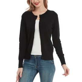 Women's Crew Neck Button Down Long Sleeve Cardigan Sweater Black